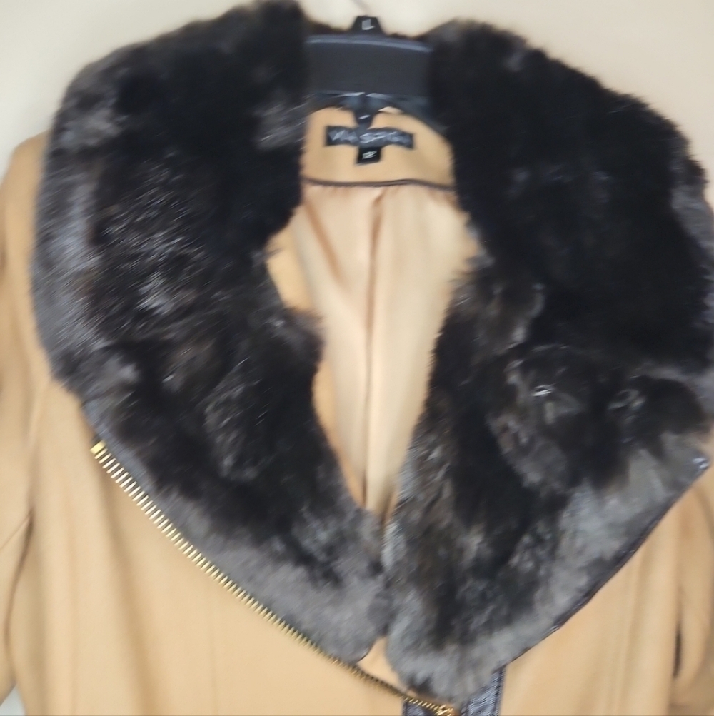 Y2K Vintage Via Spiga Camel Wool Leather Coat Faux Fur Collar Belted Women’s S12 - Picture 6 of 13